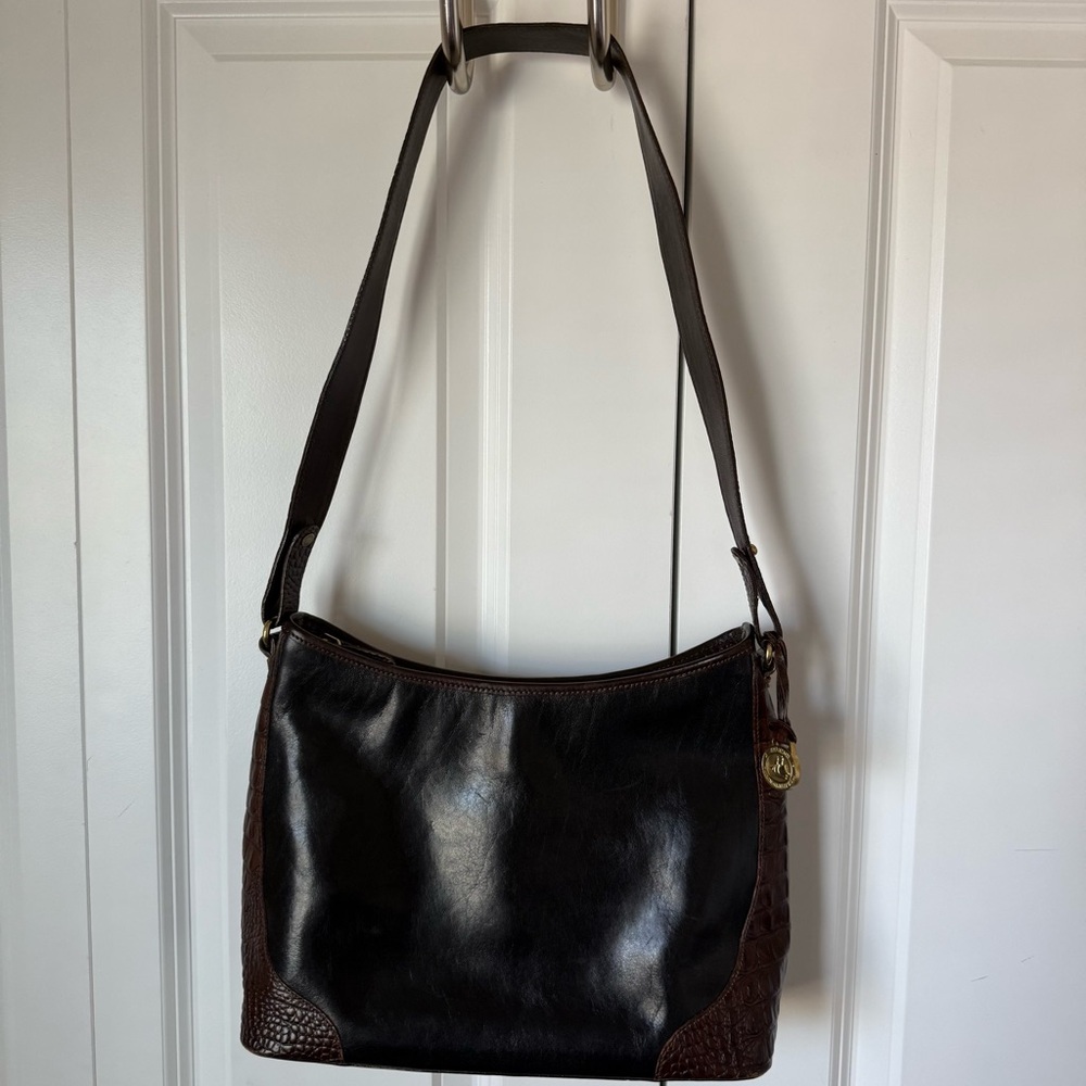Brahmin Black Leather Shoulder Bag with crocodile sides
